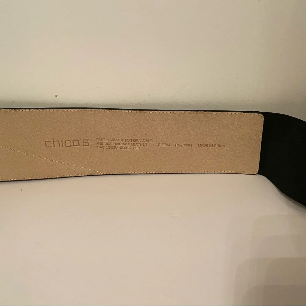 CHICO’S BELT BLACK FAUX LEATHER STRETCH ELASTIC SILVER BUCKLE ANIMAL ACCENT Sz M
